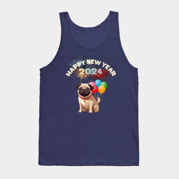 "Happy New Year 2024" Pug Dog Design! Tank Top by YeaLove